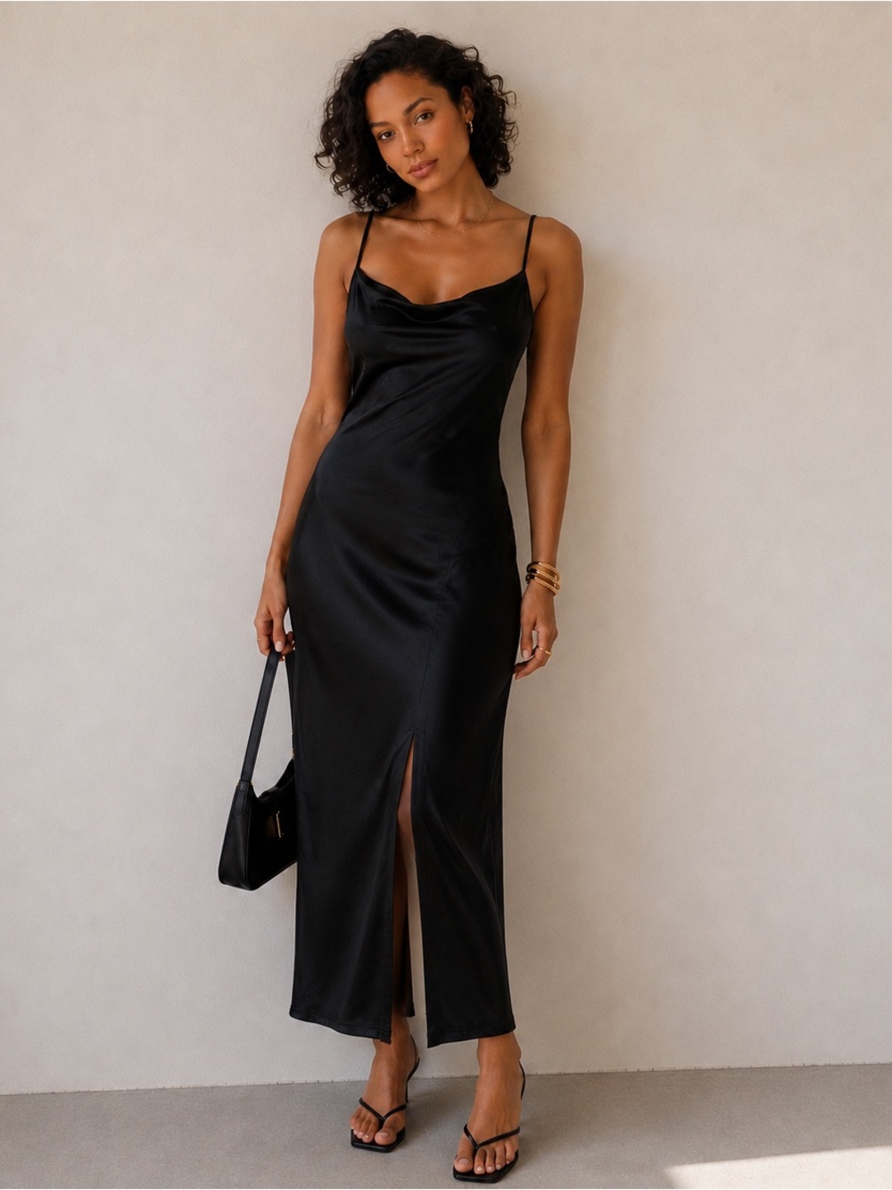 Liz & Sara Sleek Black Satin Cowl Neck Maxi Dark Romantic Evening Slip Dress L